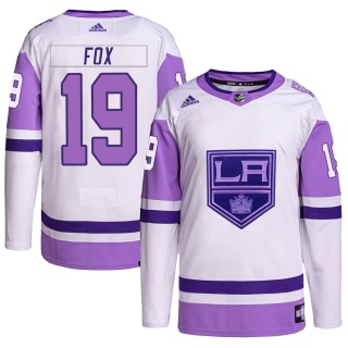 Men's Jim Fox Los Angeles Kings Adidas Hockey Fights Cancer Primegreen Jersey - Authentic White/Purple