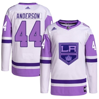 Men's Mikey Anderson Los Angeles Kings Adidas Hockey Fights Cancer Primegreen Jersey - Authentic White/Purple